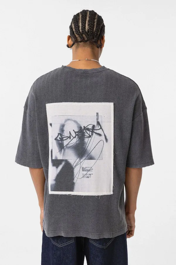Yıkamalı Arka Baskılı Oversize Tişört Siyah