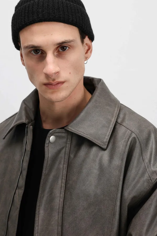 Blouson aviateur oversize en cuir, couleur vison