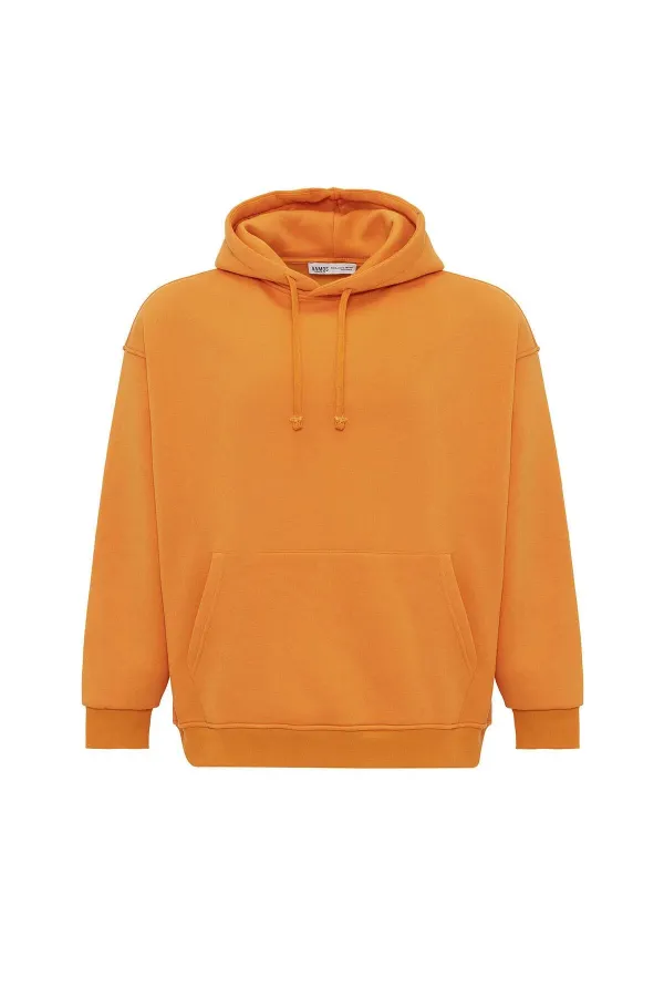 Basıc Oversize Kapüşonlu Cep Detaylı Sweatshirt Oranj