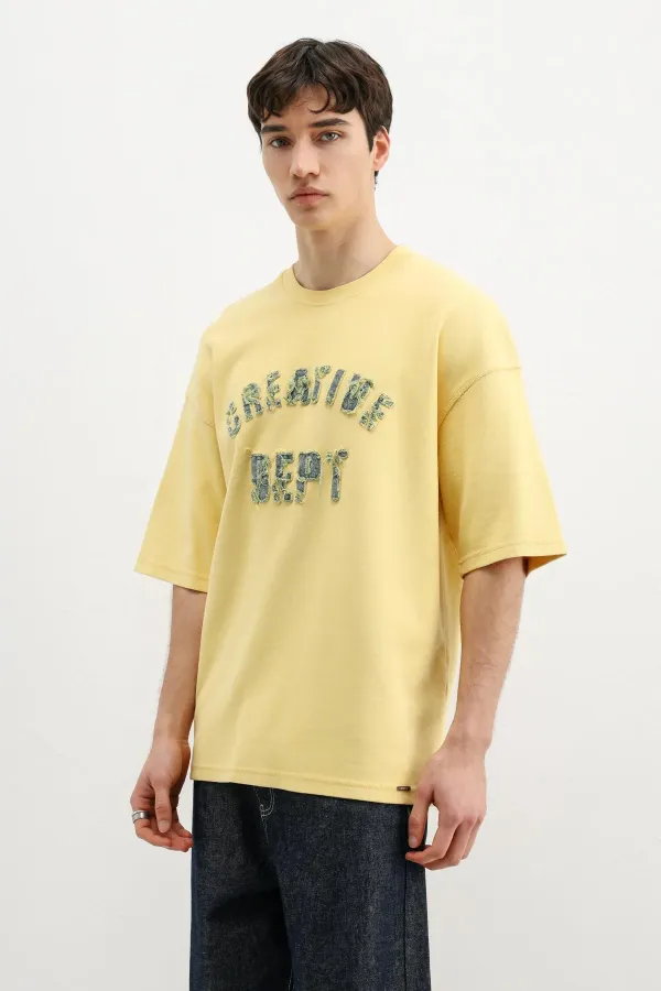 Yıkamalı Yazı Baskılı Oversize Tişört Sarı