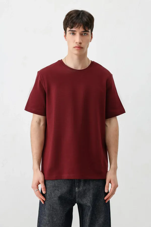 Kısa Kollu Boxy Fit Tişört Bordo