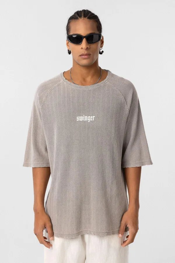 Yıkamalı Oversize Baskılı Triko Tişört Taş