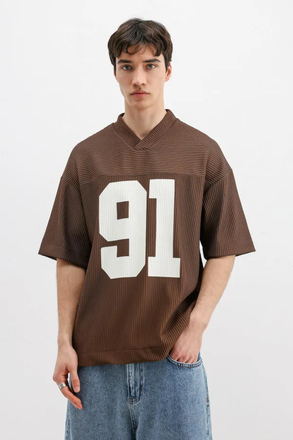 Baskılı Fitilli Oversize Tişört Kahve