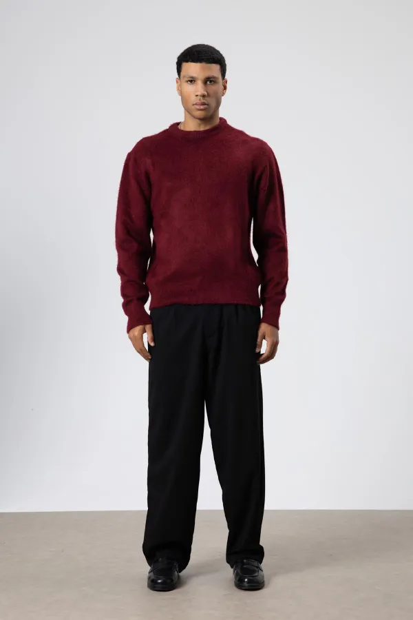 Oversize Yumuşak Dokulu Bisiklet Yaka Kazak Bordo