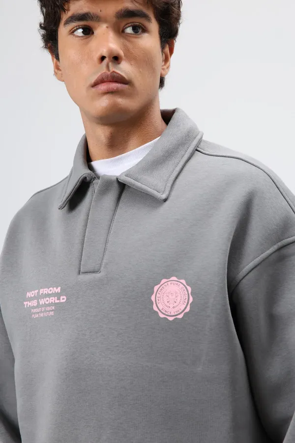 Polo Yaka Oversize Baskılı Yıkamalı Sweatshirt Füme