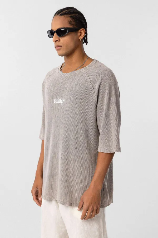 Yıkamalı Oversize Baskılı Triko Tişört Taş