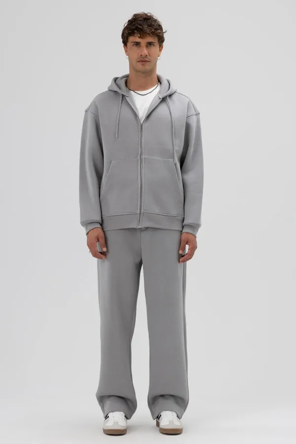 Basic Zip-Up Oversize Hooded Sweatshirt Grey