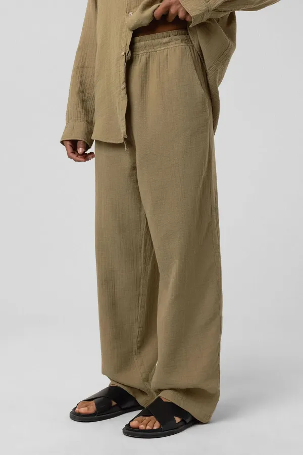Baggy Fit Muslin Linen Trousers Khaki