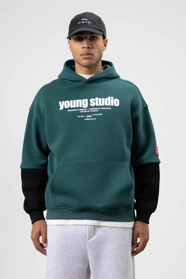 Sweat à capuche imprimé oversize, bleu marine