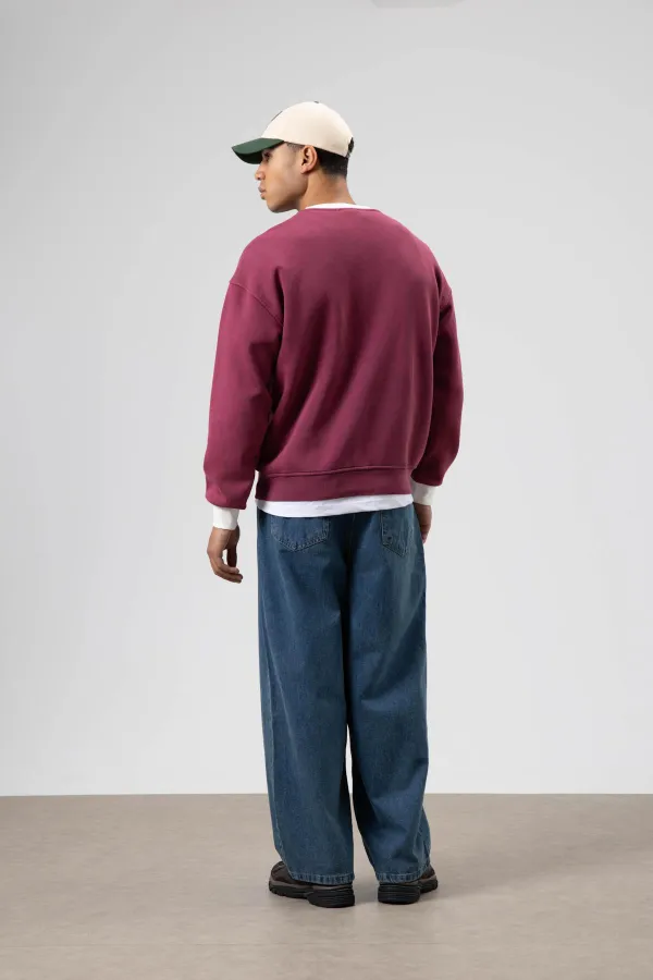 Oversize Bisiklet Yaka Baskılı Sweatshirt Bordo