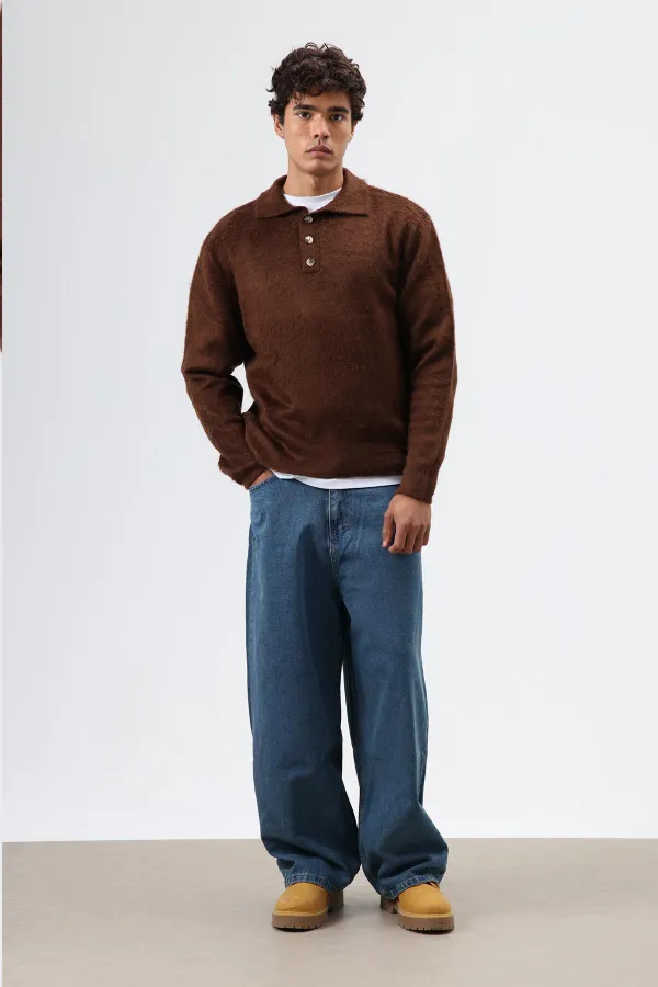 Pull en maille douce texturée à col polo, marron