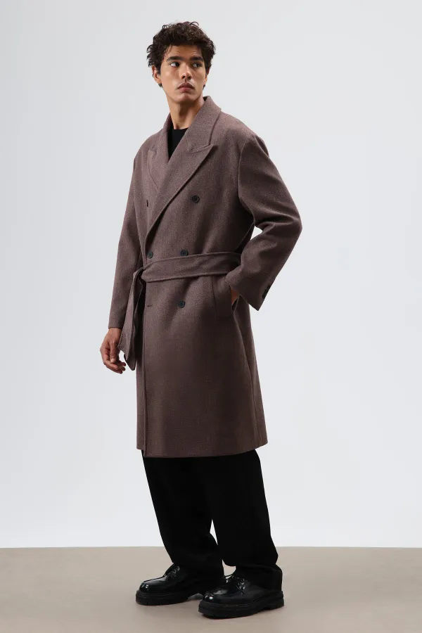 Oversize Kruvaze Kaşe Kaban Açık Kahve