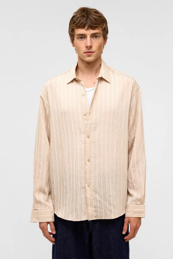 Oversize Çizgili Uzun Kol Gömlek Taş