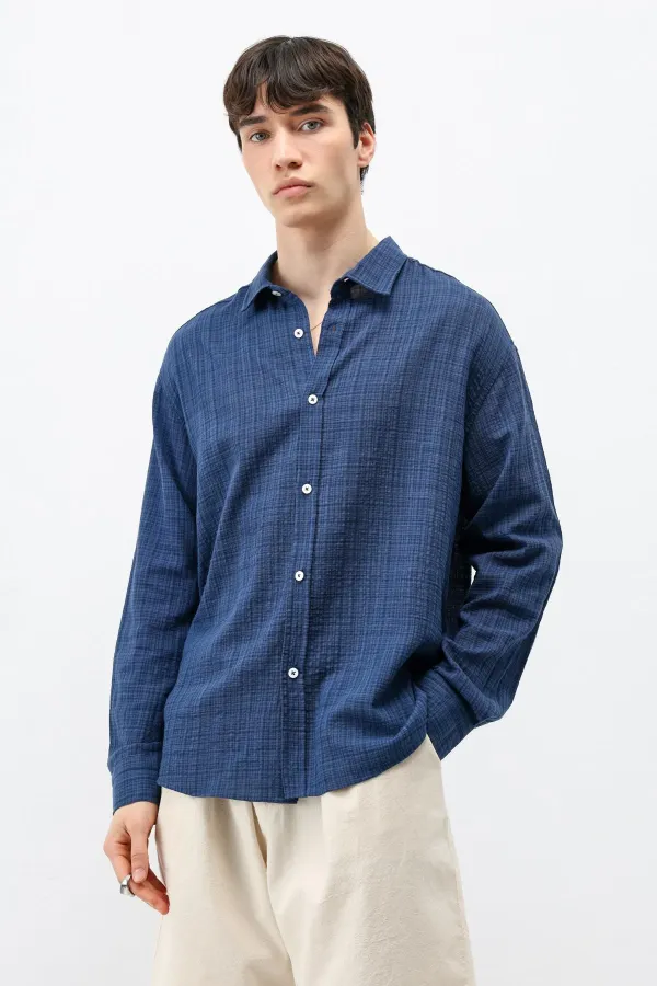 Dokulu Keten Görünümlü Oversize Gömlek Lacivert