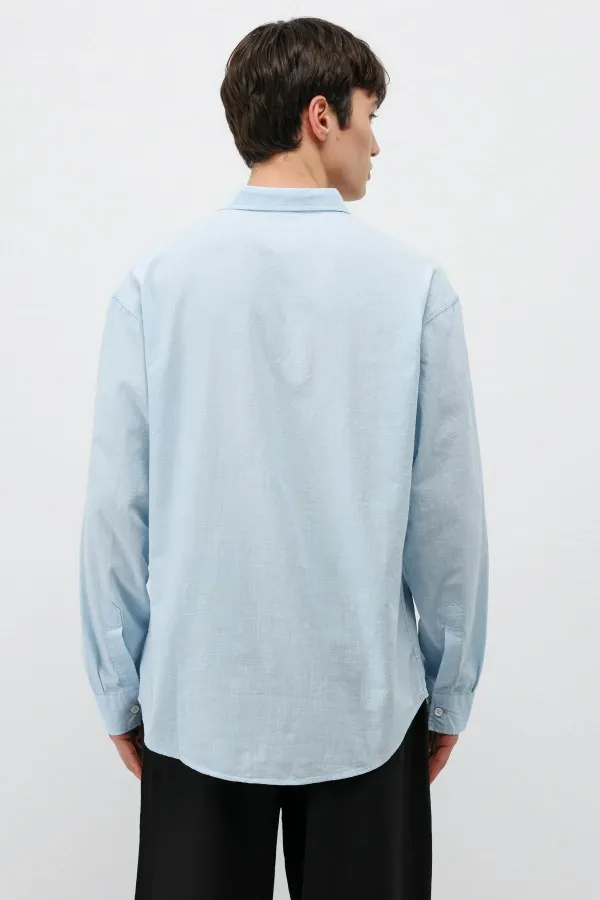 Basic Oversize Pamuk  Keten Gömlek Mavi