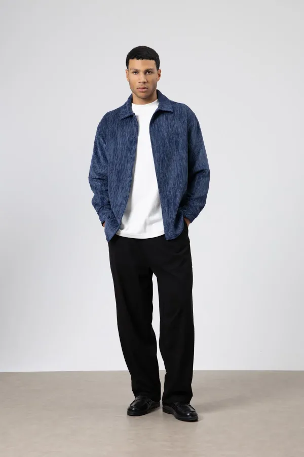 Oversize Dokulu Gömlek Lacivert