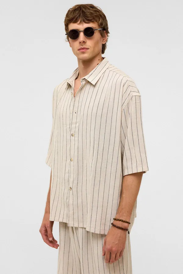 Oversize Çizgili Kısa Kollu Keten Gömlek Siyah