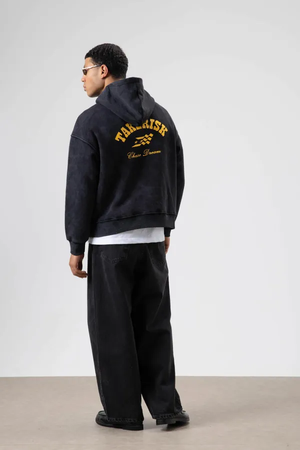 Sweat à capuche noir oversize délavé à coupe carrée