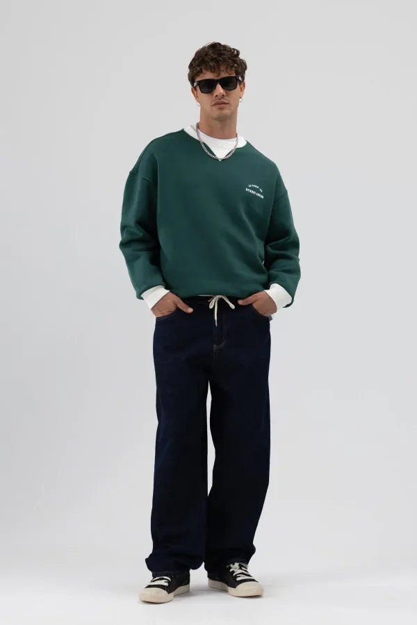 Oversize Bisiklet Yaka Baskılı Sweatshirt Nefti