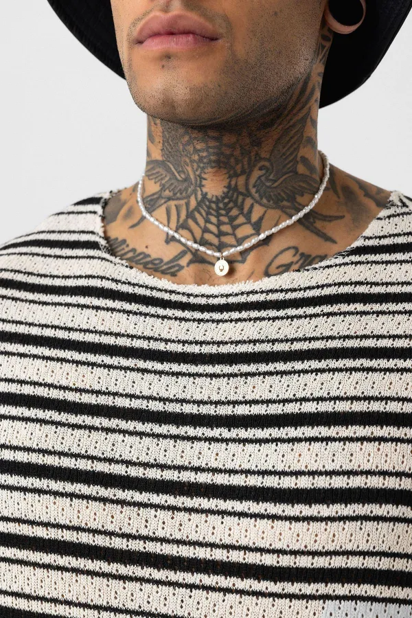 Striped Oversize Knit T-Shirt Black