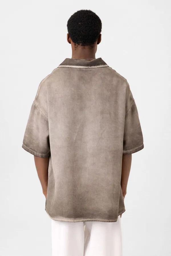 Yıkamalı Kısa Kollu Oversize Gömlek Kahve