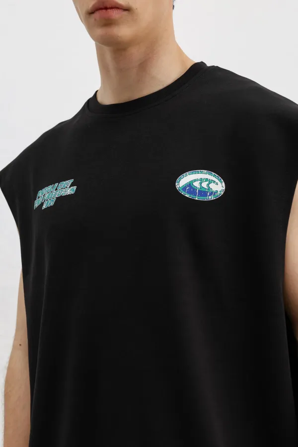 Oversize Baskılı Kolsuz Tişört Siyah