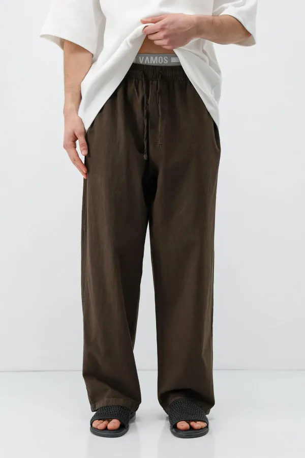 Bel Lastikli Baggy Fit Keten Pantolon Kahve