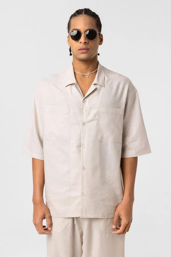 Double Pocket Oversize Linen Shirt, Beige