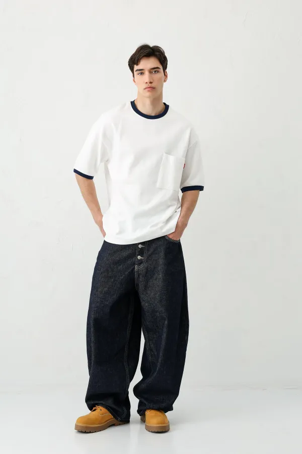 Kısa Kollu Oversize Cepli Tişört Ekru