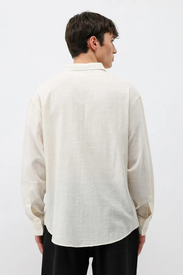 Dokulu Keten Görünümlü Oversize Gömlek Naturel