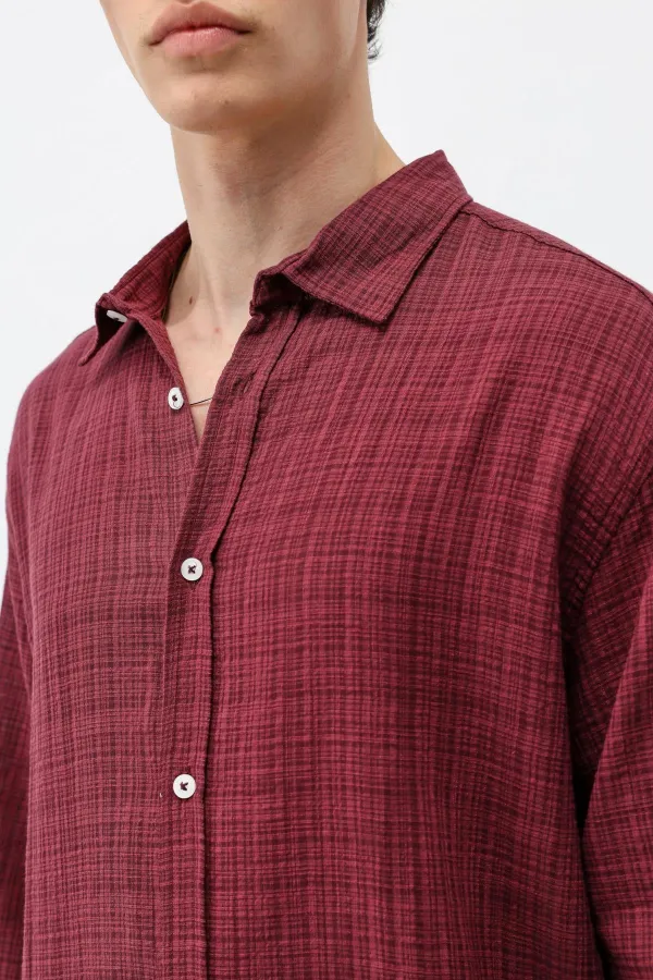 Dokulu Keten Görünümlü Oversize Gömlek Bordo