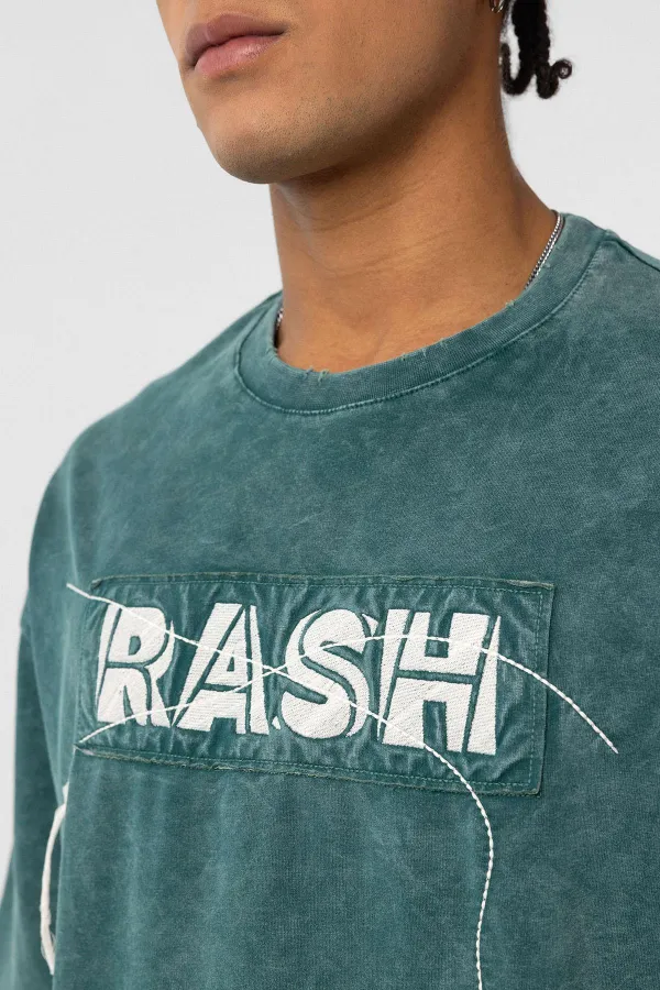 Yıkamalı Oversize Baskılı Tişört Petrol