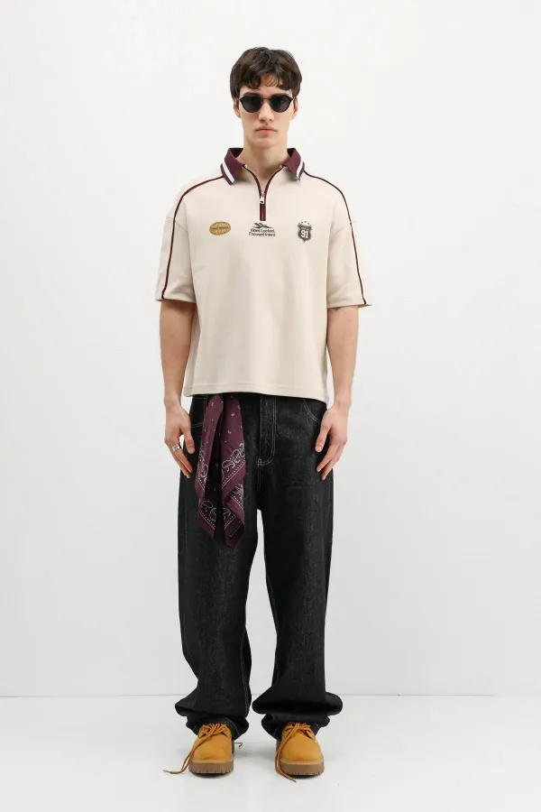 Fermuarlı Yaka Baskılı Oversize Tişört Taş