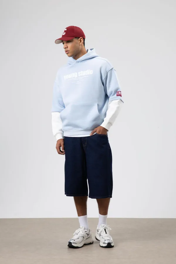 Oversize Baskılı Kapüşonlu Sweatshirt Bebe Mavi