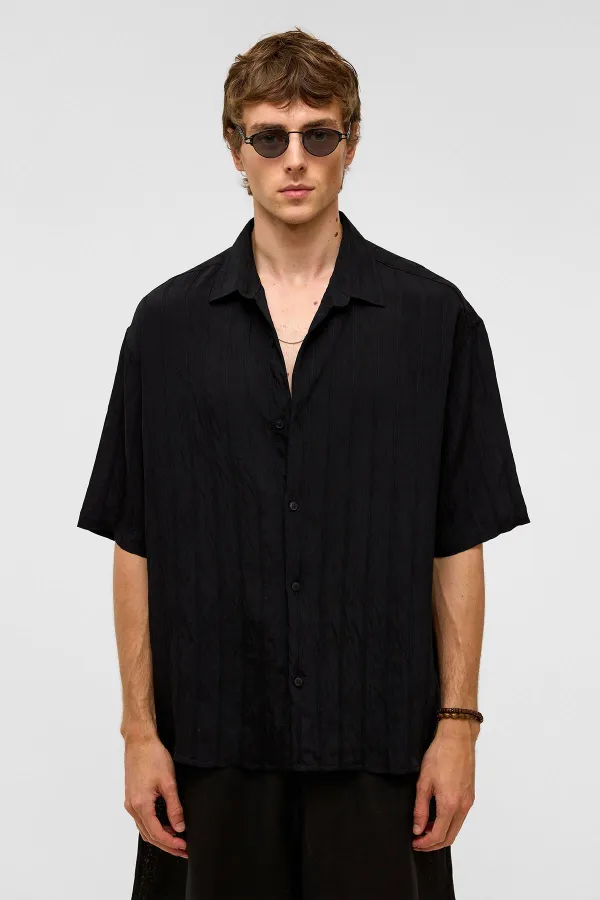 Oversize Striped Short-Sleeved Modal Fabric Shirt, Black