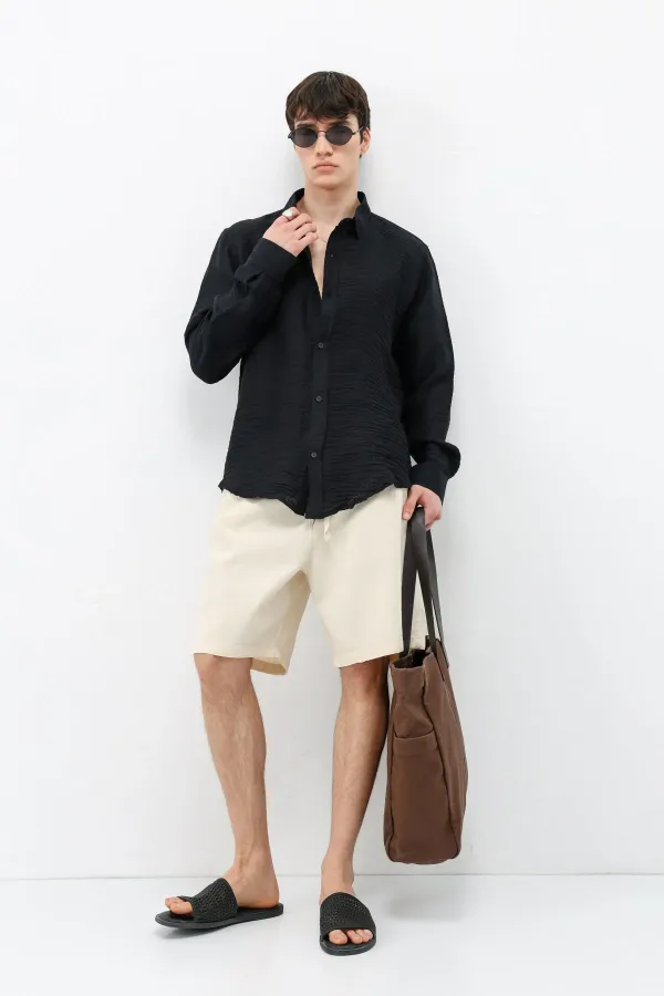 Dokulu Oversize Gömlek Siyah