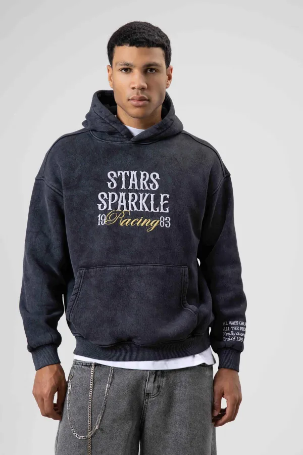 Oversize Nakış Baskılıkapüşonlu Sweatshirt Siyah