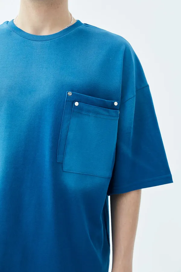 Yıkamalı Cep Detaylı Oversize Tişört İndigo