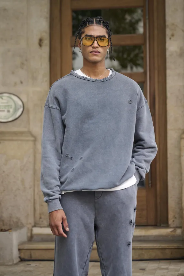 Premıum Yıkamalı Yırtık Detaylı Oversize Eşofman Takım Antrasit