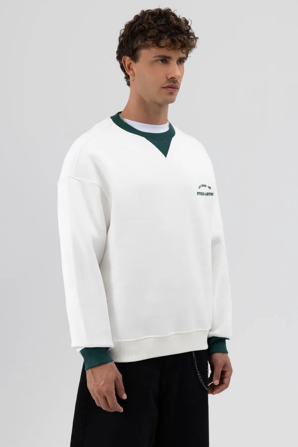 Sweat-shirt oversize à col rond imprimé, écru