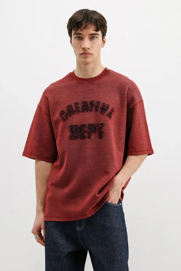 Yıkamalı Yazı Baskılı Oversize Tişört Bordo