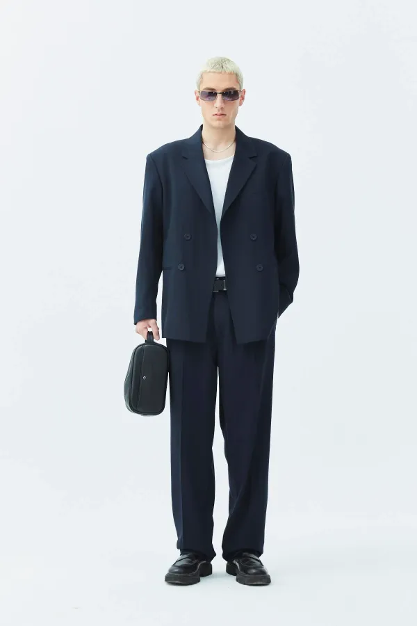 Costume croisé coupe décontractée, bleu marine