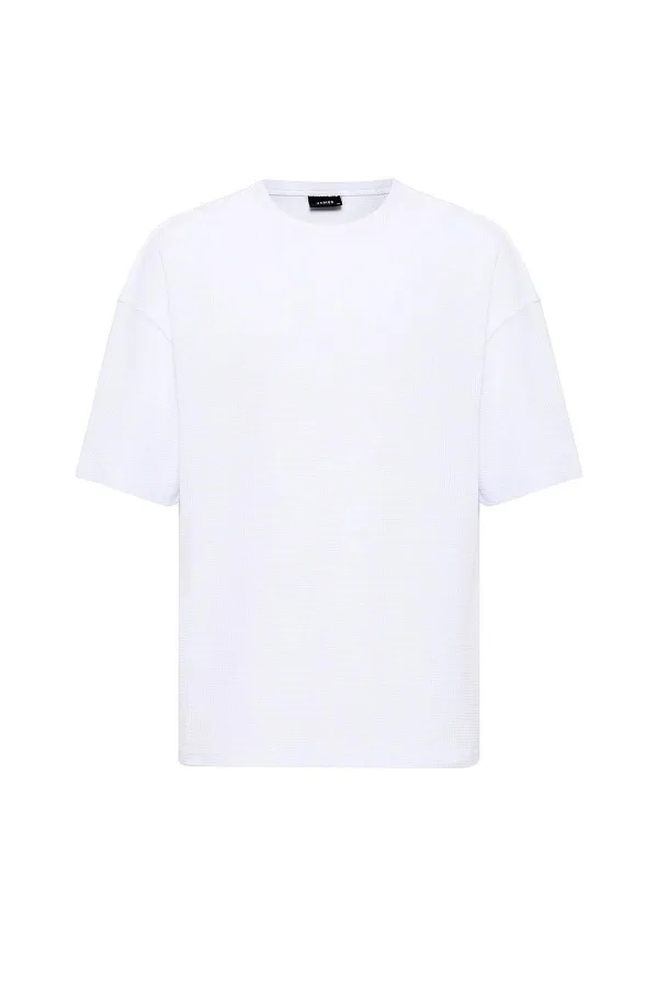 Arka Yazı Baskılı Oversize Triko Tişört Beyaz