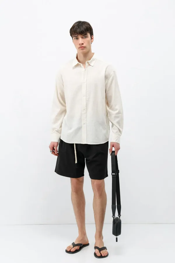 Dokulu Keten Görünümlü Oversize Gömlek Naturel