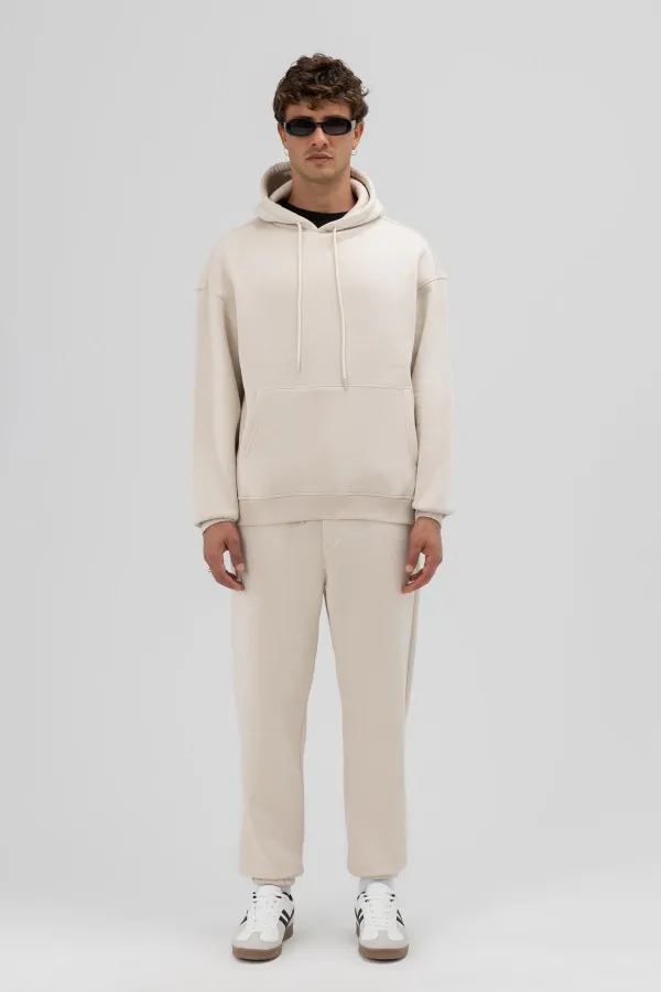 Basic Oversize Kapüşonlu Sweatshirt Taş