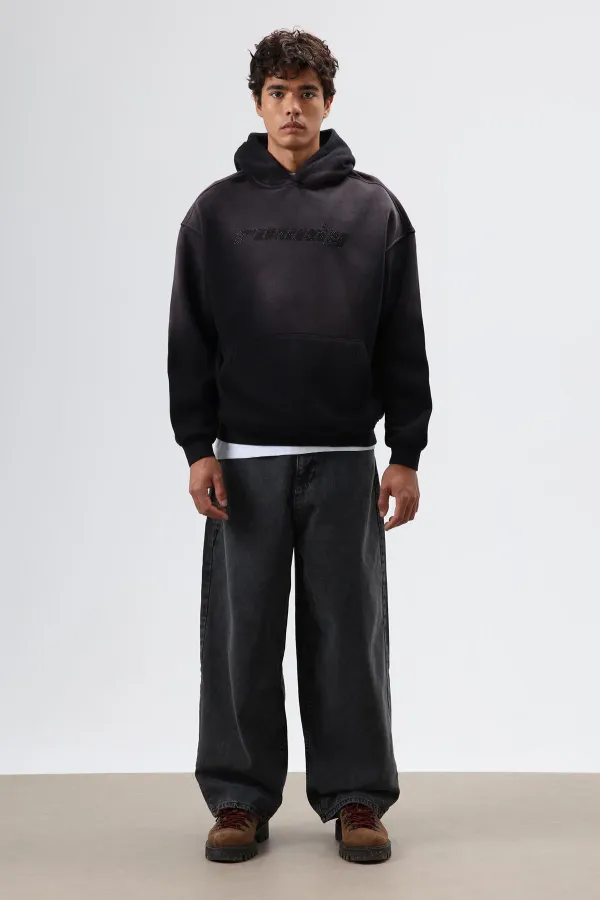 Sweat à capuche noir oversize imprimé et délavé