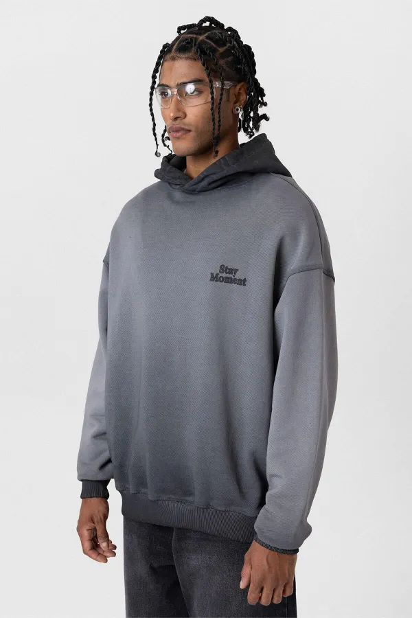 Premium Washed Oversize Hooded Sweatshirt with Text Detail, Black