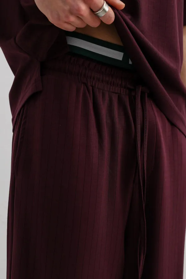 Fitilli Dokulu Baggy Eşofman Alt Mürdüm