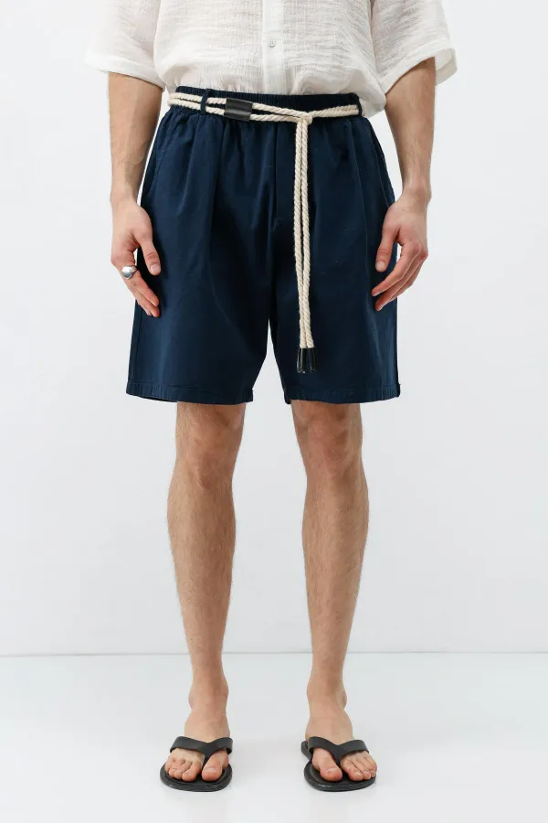 Kemerli Oversize Keten Şort Lacivert