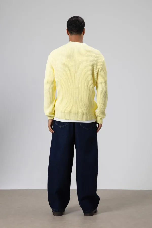 V Yaka Düğmeli Örgü Hırka Kazak Sarı